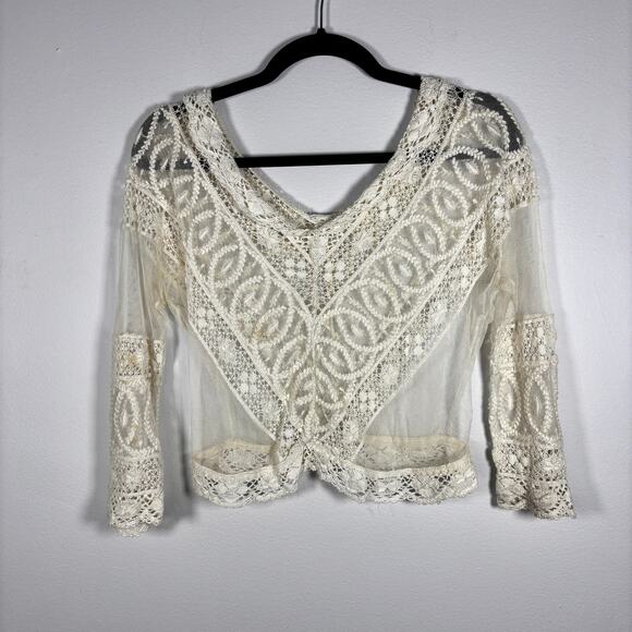 Antique Edwardian Net Lace Blouse Floral Embroidery Crochet Silk Cotton 1900s - Picture 12 of 16